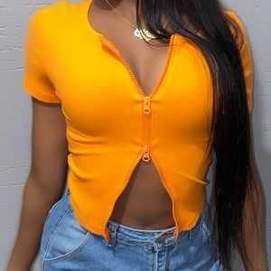 Orange Zip Up Rib-Knit Crop Top